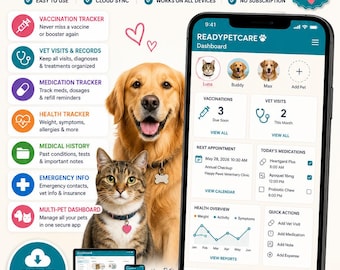 Pet Care Organizer App Dog & Cat Health Tracker Vet Records Vaccination Tracker Medical Binder Vet Visits Care Planner