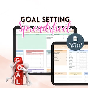 Puede incluir: Una ilustración digital de tres personas sosteniendo bloques que deletrean la palabra "GOAL". La imagen se coloca sobre un fondo de una computadora portátil y una tableta que muestra una hoja de cálculo de Google Sheet con una plantilla de establecimiento de objetivos. La plantilla incluye secciones para categoría, fecha límite, progreso y estado. La hoja de cálculo también incluye una sección para el rendimiento de los objetivos, con categorías para los objetivos planificados, los objetivos completados, los objetivos ganados y las acciones planificadas. La hoja de cálculo se titula "Goal Setting Spreadsheet" y está diseñada para ayudar a los usuarios a realizar un seguimiento de su progreso hacia sus objetivos.