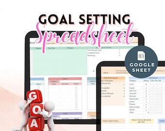 May include: A digital illustration of three people holding up blocks that spell out the word "GOAL". The image is set against a background of a laptop and a tablet displaying a Google Sheet spreadsheet with a goal setting template. The template includes sections for category, due date, progress, and status. The spreadsheet also includes a section for goal performance, with categories for planned, completed, earned, and actions planned. The spreadsheet is titled "Goal Setting Spreadsheet" and is designed to help users track their progress towards their goals.