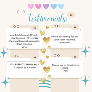 Puede incluir: Un gr&aacute;fico con la palabra "Testimonials" en un esquema de colores rosa, morado y azul. Cuatro cajas blancas con texto negro contienen rese&ntilde;as de clientes. Las rese&ntilde;as son: "&iexcl;Absolutamente fant&aacute;stico! Exactamente lo que necesitaba: 12 hojas mensuales con res&uacute;menes anuales. &iexcl;Gran precio tambi&eacute;n! -Artof", "Los art&iacute;culos que estaba buscando y una respuesta r&aacute;pida del vendedor. -Inherview", "&iexcl;ES PERFECTO! &iexcl;GRACIAS! -Lollipops by Candied", y "Gracias, tal como se describe en la lista -Pam".