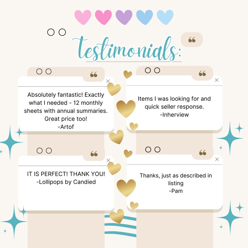 Puede incluir: Un gr&aacute;fico con la palabra "Testimonials" en un esquema de colores rosa, morado y azul. Cuatro cajas blancas con texto negro contienen rese&ntilde;as de clientes. Las rese&ntilde;as son: "&iexcl;Absolutamente fant&aacute;stico! Exactamente lo que necesitaba: 12 hojas mensuales con res&uacute;menes anuales. &iexcl;Gran precio tambi&eacute;n! -Artof", "Los art&iacute;culos que estaba buscando y una respuesta r&aacute;pida del vendedor. -Inherview", "&iexcl;ES PERFECTO! &iexcl;GRACIAS! -Lollipops by Candied", y "Gracias, tal como se describe en la lista -Pam".