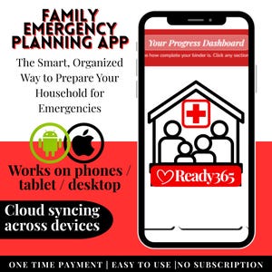 May include: A smartphone displays a family emergency planning app interface. The app features a house icon with a red cross, a family silhouette, and the text "Ready365." The app is designed for phones, tablets, and desktops, with cloud syncing across devices.