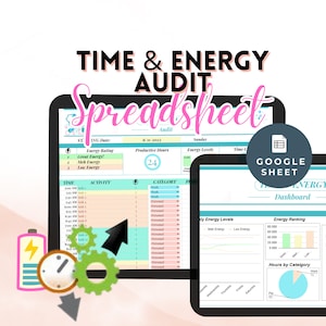May include: A digital time and energy audit spreadsheet displayed on a tablet. The spreadsheet includes sections for energy levels, productive hours, and time tracking. A Google Sheet icon is visible, along with graphics of a battery, clock, and gears.