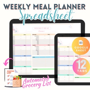May include: A digital weekly meal planner spreadsheet with 12 tabs, including a grocery list, meal ideas, and a shopping list. The spreadsheet is designed for Google Sheets and features a colorful, pastel design.