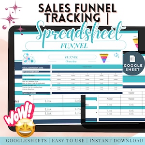 May include: A digital spreadsheet template for sales funnel tracking, displayed on a tablet. The design features a teal and white colour scheme with the words "SALES FUNNEL TRACKING | Spreadsheet" at the top. Includes a "Google Sheet" icon and the text "Easy to Use".
