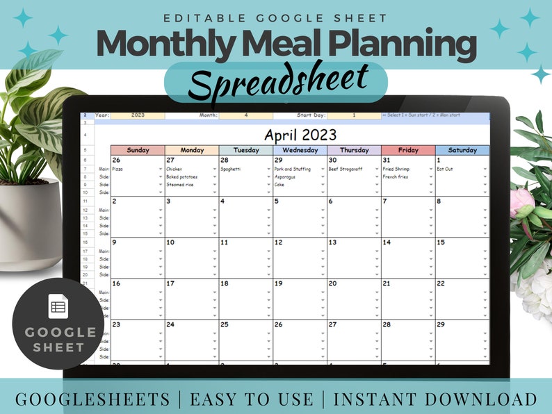 Meal Plan Spreadsheet Template Google Sheets Monthly Meal - Etsy