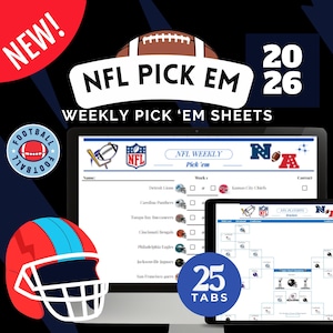 Peut inclure: Un ensemble de feuilles hebdomadaires NFL Pick Em 2026 numériques affichées sur un écran d'ordinateur et une tablette avec des tableaux de football. L'image inclut un badge rouge NEW!, une icône de ballon et un casque rouge et bleu.
