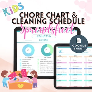 May include: A colourful digital printable chore chart and cleaning schedule spreadsheet for kids. The spreadsheet is designed to help children learn how to clean and organise their home. The spreadsheet includes a checklist of chores and a cleaning schedule. The spreadsheet is designed to be used with Google Sheets.