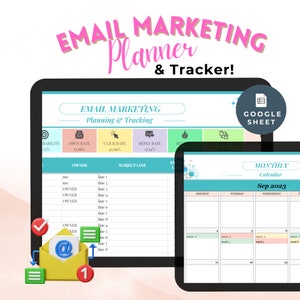 Könnte beinhalten: Ein digitaler Planer und Tracker für E-Mail-Marketing. Der Planer enthält Abschnitte für Betreffzeilen, Öffnungsraten, Klickraten und Antwortraten. Der Tracker ist ein Monatskalender mit Platz zum Planen von E-Mails. Der Planer und der Tracker sind beide im Google Sheet-Format.