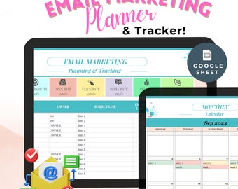 May include: A digital planner and tracker for email marketing. The planner includes sections for subject lines, open rates, click rates, and reply rates. The tracker is a monthly calendar with space to schedule emails. The planner and tracker are both in a Google Sheet format.