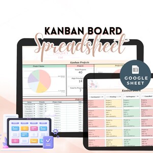 May include: A digital Kanban board spreadsheet template for Google Sheets. The spreadsheet is divided into four columns: Not Started, Pending, In Progress, and Cancelled. Each column has a list of projects with their corresponding information, such as project name, project info, and project extended info.