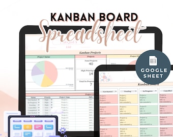 May include: A digital Kanban board spreadsheet template for Google Sheets. The spreadsheet is divided into four columns: Not Started, Pending, In Progress, and Cancelled. Each column has a list of projects with their corresponding information, such as project name, project info, and project extended info.