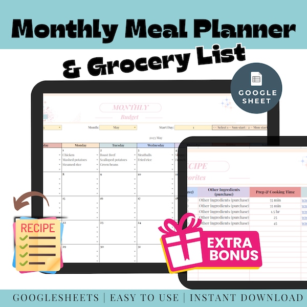 Meal Plan Spreadsheet Template Google Sheets Monthly Meal Planner Editable Calendar Monthly Menu Template Customizable Printable Time Saver