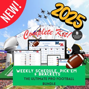 Puede incluir: Un paquete digital para la temporada 2025 de la NFL, con calendarios semanales, pick'em y brackets. La imagen incluye un balón de fútbol, un trofeo del Super Bowl y un casco de fútbol. Las palabras "Complete Kit!" y "New!" son visibles.