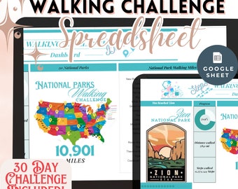 30 Day Walking Challenge Virtual Walking Google Sheets Fitness Health Mile Log kit National Parks Edition