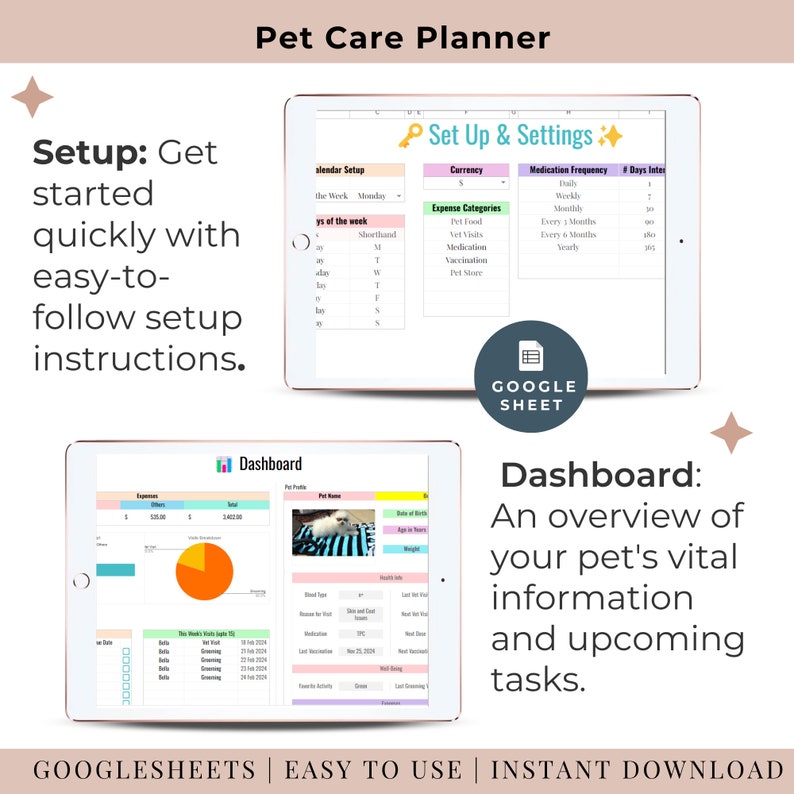 Puppy/kitten care schedule and checklist
Pet behavior tracking and training log Google Sheets
Senior pet care planner and checklist
Pet adoption and foster care organizer spreadsheet