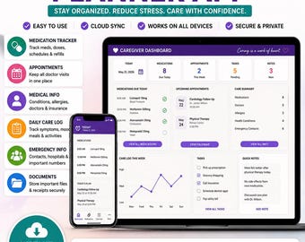 Elder Care Organizer App Caregiver Planner Medication Tracker Medical Binder Senior Care Checklist Home Care Dashboard Senior Aging Parent