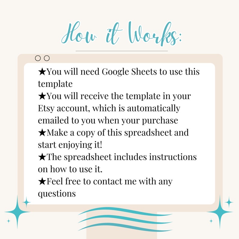 Puede incluir: Una pantalla de ordenador con un fondo beige y un t&iacute;tulo azul que dice "C&oacute;mo funciona:". La pantalla muestra una lista de instrucciones sobre c&oacute;mo usar una plantilla de Google Sheets. Las instrucciones est&aacute;n escritas en texto negro con un s&iacute;mbolo de estrella antes de cada instrucci&oacute;n.