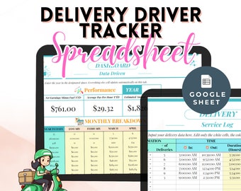 May include: A Google Sheet spreadsheet template for delivery drivers to track their earnings, performance, and monthly breakdown. The spreadsheet includes a dashboard with performance metrics, a monthly breakdown, and a delivery log. The delivery log includes columns for the date, time in, time out, and duration of deliveries.