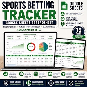 May include: A digital sports betting tracker spreadsheet for Google Sheets displayed on a laptop and tablet. The interface features a dashboard overview with profit, loss, win rate, and ROI metrics, plus a bet log with 15 tabs for tracking wagers.