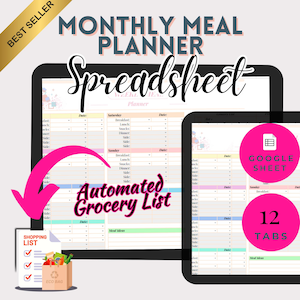 Monthly Meal Planner Editable Monthly Meal Planner Google Sheets Meal Planning Template Monthly Snack Menu Template 7 Day Meal Planner Weekly Meal Planner, Meal Plan Template, Meal Prep Planner, Shopping List, Digital Meal Planner, Excel Meal Planner, Family Meal Planner, Automated Grocery, Food Journal, Digital Meal Plan, Weekly Meal Plan, Digital Grocery List, Calorie Tracker