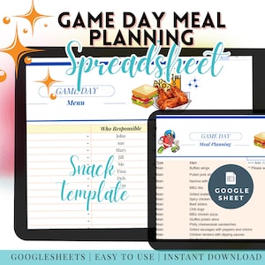 Op de afbeelding: Een digitale spreadsheet-sjabloon voor het plannen van een maaltijd op een wedstrijddag. De sjabloon heeft de titel "Game Day Meal Planning Spreadsheet" en bevat een lijst met voedingsmiddelen, wie verantwoordelijk is voor elk item en een sectie voor notities. De sjabloon is ontworpen om te worden gebruikt met Google Sheets.