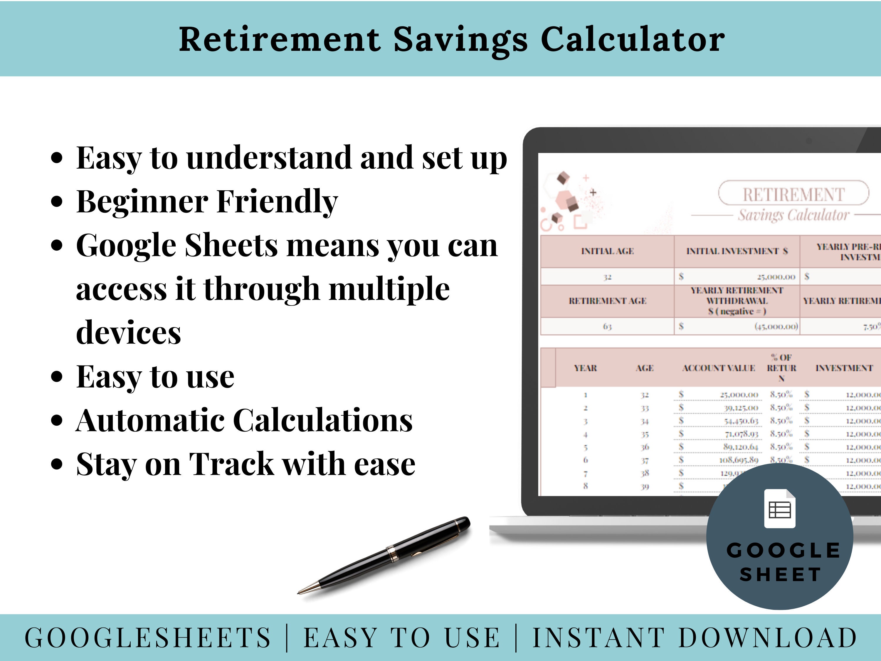 Retirement Savings Planner Google Sheets Spreadsheet Simple Tracker