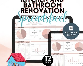 May include: A Google Sheet spreadsheet template for kitchen and bathroom renovation projects. The spreadsheet has 12 tabs, including a dashboard with charts and graphs showing project planning, budget, and status. The spreadsheet is designed to help users track and manage their renovation projects.