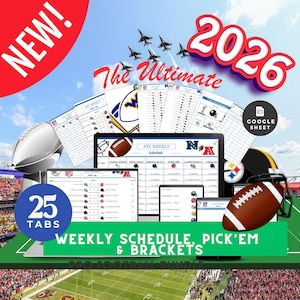 May include: A 2026 digital football schedule and pick'em bundle for Google Sheets. The graphic features multiple screen displays showing weekly schedules, brackets, and team logos, accented by footballs, fighter jets, and the text 25 TABS.