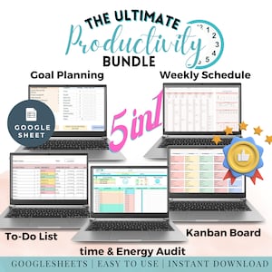 Könnte beinhalten: Eine digitale Illustration von fünf Google Sheets-Vorlagen für Produktivität. Die Vorlagen werden auf Laptop-Bildschirmen angezeigt und beinhalten einen Zielplaner, einen Wochenplan, eine To-Do-Liste, ein Kanban-Board und eine Zeit- und Energieaudit. Der Text "THE ULTIMATE Productivity BUNDLE 5 in 1" wird oben im Bild angezeigt.