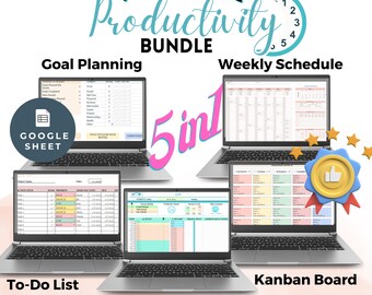 May include: A digital illustration of five Google Sheets templates for productivity. The templates are displayed on laptop screens and include a goal planner, weekly schedule, to-do list, Kanban board, and time and energy audit. The text "THE ULTIMATE Productivity BUNDLE 5 in 1" is displayed at the top of the image.