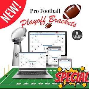 May include: A digital display of Pro Football Playoff Brackets on various devices, including a laptop, tablet, and smartphone. The image features a football, the NFL trophy, and the words "NEW!" and "SPECIAL!"