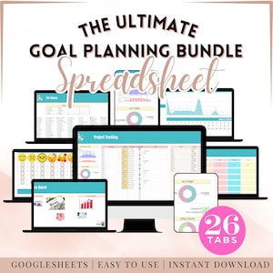 Könnte beinhalten: Ein digitales Bild, das einen Computerbildschirm zeigt, auf dem eine Tabellenkalkulation mit dem Text "The Ultimate Goal Planning Bundle Spreadsheet" und "26 Tabs" angezeigt wird. Die Tabellenkalkulation ist in verschiedene Abschnitte unterteilt, darunter "Life Values", "Project Tracking", "All Tasks" und "Daily Progress".