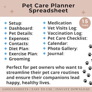 Printable pet care planner spreadsheet Google Sheets
Customizable pet care organizer template
Veterinary appointments tracker for pets Google Sheets
Dog/cat grooming schedule planner spreadsheet
Pet health and wellness tracker Google Sheets
Pet