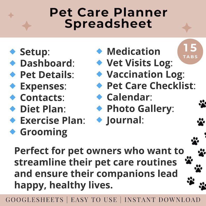Printable pet care planner spreadsheet Google Sheets
Customizable pet care organizer template
Veterinary appointments tracker for pets Google Sheets
Dog/cat grooming schedule planner spreadsheet
Pet health and wellness tracker Google Sheets
Pet