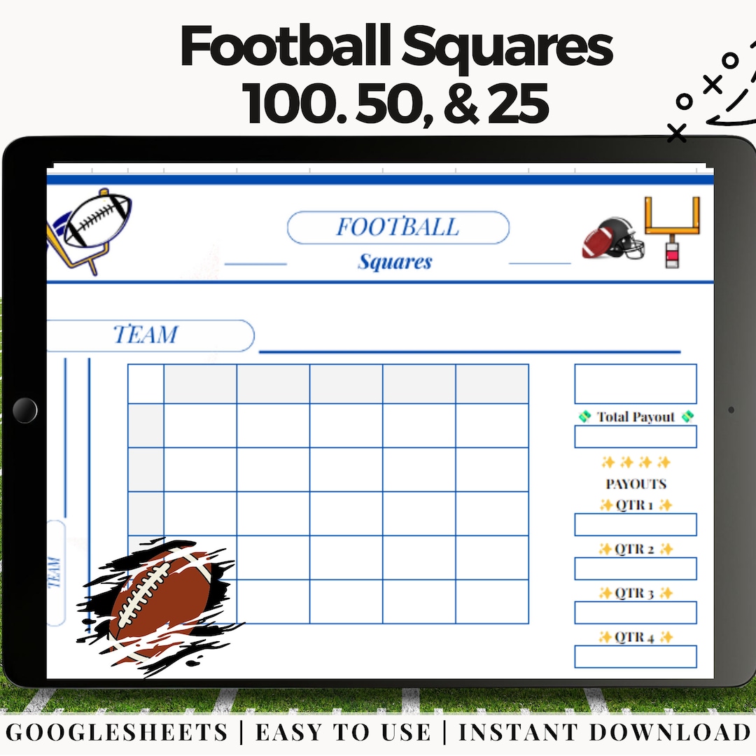 100 Football Squares Pool Board Football Squares Printable Football