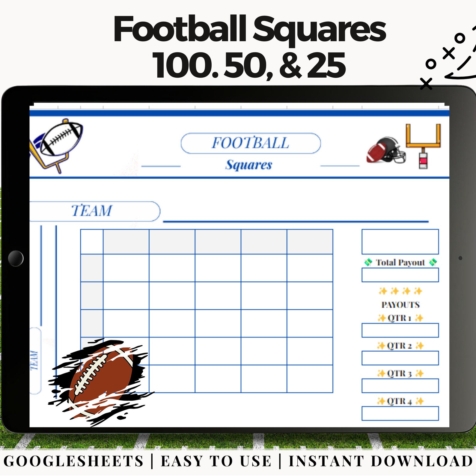 100 Football Squares Pool Board Football Squares Printable Football ...