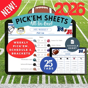 May include: A digital 2026 NFL weekly pick'em sheet displayed on a tablet screen, featuring a football field background, team logos, checkboxes for game predictions, a schedule, and brackets with 25 tabs for organized sports tracking.