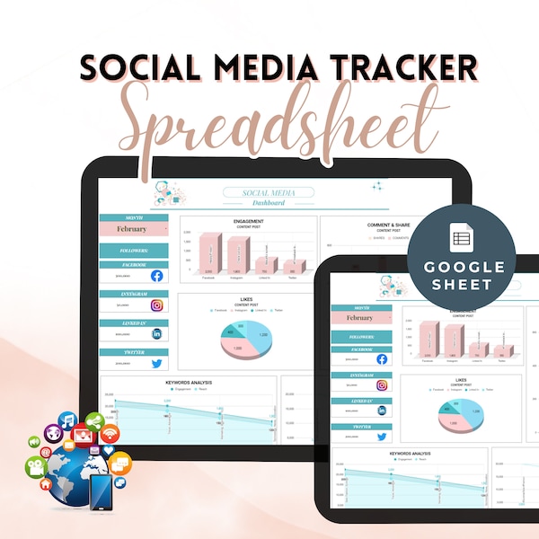 Social Media Tracker Google Sheet Social Media Analytics Tracker Follower Engagement insights Likes Hashtag performance Keyword tracking