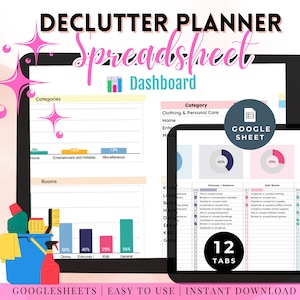 Puede incluir: Una tableta digital que muestra una hoja de cálculo de Google Sheet con un planificador de limpieza. La hoja de cálculo tiene 12 pestañas, incluidas categorías para ropa, hogar, entretenimiento y miscelánea. La hoja de cálculo también incluye un desglose de habitaciones con porcentajes para comedor, entrada, niños y áreas generales. La hoja de cálculo se titula "Planificador de limpieza Hoja de cálculo Panel de control".