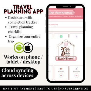 May include: A smartphone displaying a travel planning app interface. The app features a dashboard, checklist, and trip organization tools. The app is compatible with phones, tablets, and desktops, with cloud syncing across devices. The app is called ReadyTravel.