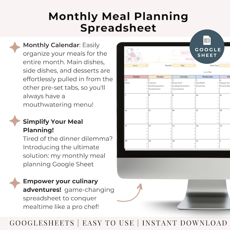 Monthly Meal Planner Editable Meal Calendar Monthly Menu Template Meal Plan for the Month Customize Printable Template Easy Simple