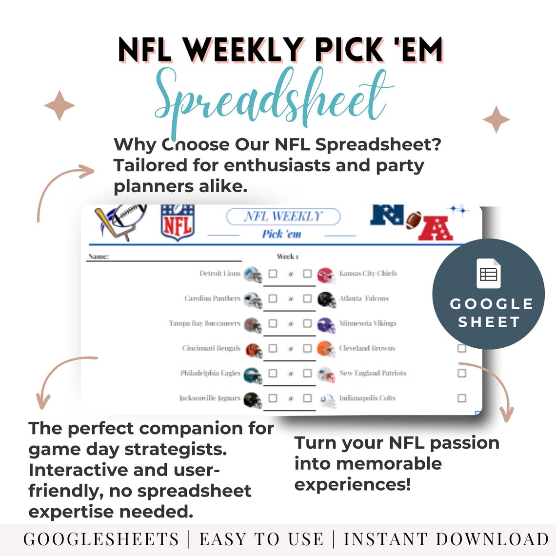 NFL Pick Sheet Pro Football Bet Tracker Spreadsheet Printable Weekly