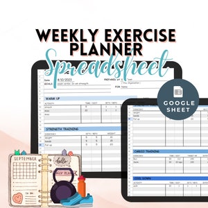 Puede incluir: Una plantilla de hoja de cálculo de planificador de ejercicios semanal digital en formato Google Sheet. La hoja de cálculo incluye secciones para calentamiento, entrenamiento de fuerza, entrenamiento cardiovascular y enfriamiento. La hoja de cálculo está diseñada para ayudar a los usuarios a realizar un seguimiento de su progreso físico.