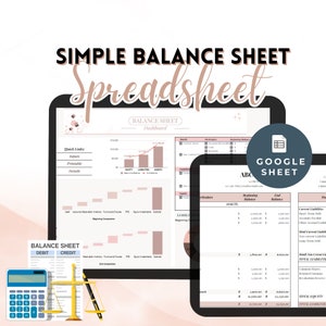 May include: A pink and white Google Sheet template for a simple balance sheet spreadsheet. The template includes a dashboard with charts and graphs, as well as a detailed balance sheet with columns for beginning balance, end balance, and particulars.
