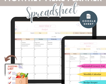 Op de afbeelding: Een digitale spreadsheet om maaltijden te plannen voor de maand mei. De spreadsheet is verdeeld in dagen van de week en bevat een sectie voor maaltijd ideeën, een boodschappenlijst en een receptenboek. De spreadsheet is ontworpen om te worden gebruikt met Google Sheets.