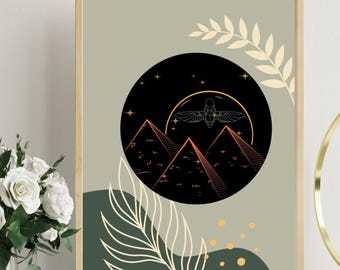 Egyptian Pyramids Scarab Boho Art Print, Minimalist Desert Wall Decor (Digital Download)