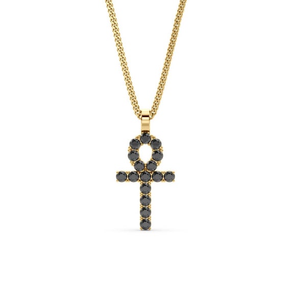Black Diamond Ankh Cross Pendant 14K Gold Diamond Ankh Egyptian