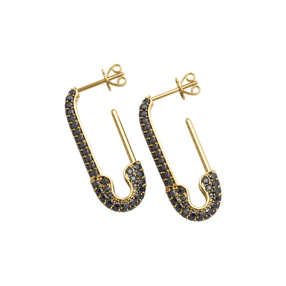 Black Diamond Safety Pin Earrings, 14k Gold Diamond Safety Pin Earrings,  Pave Gold Safety Pin Earrings, Trendy Gold Safety Pin Earrings - Etsy