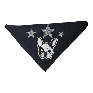 May include: Black triangular dog bandana featuring a white and black French Bulldog graphic with a yellow lightning bolt. The bandana is decorated with three silver glitter stars, adding a touch of sparkle to the pet accessory.